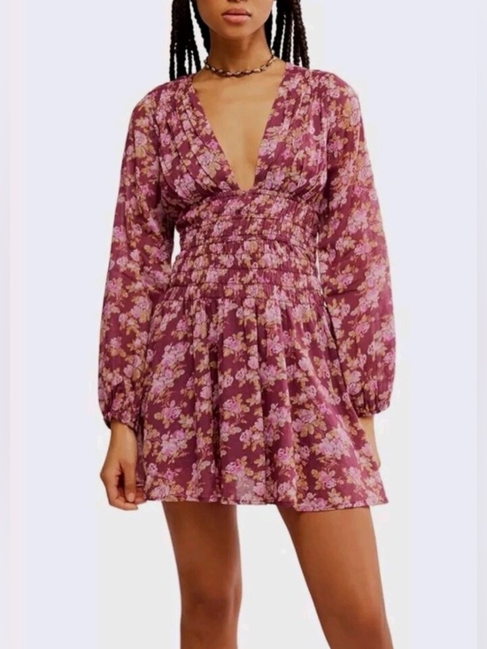 Free People Dresses & Skirts - Free People Keep You Mini Dress Floral Smocked V-Neck EUC Size Small
